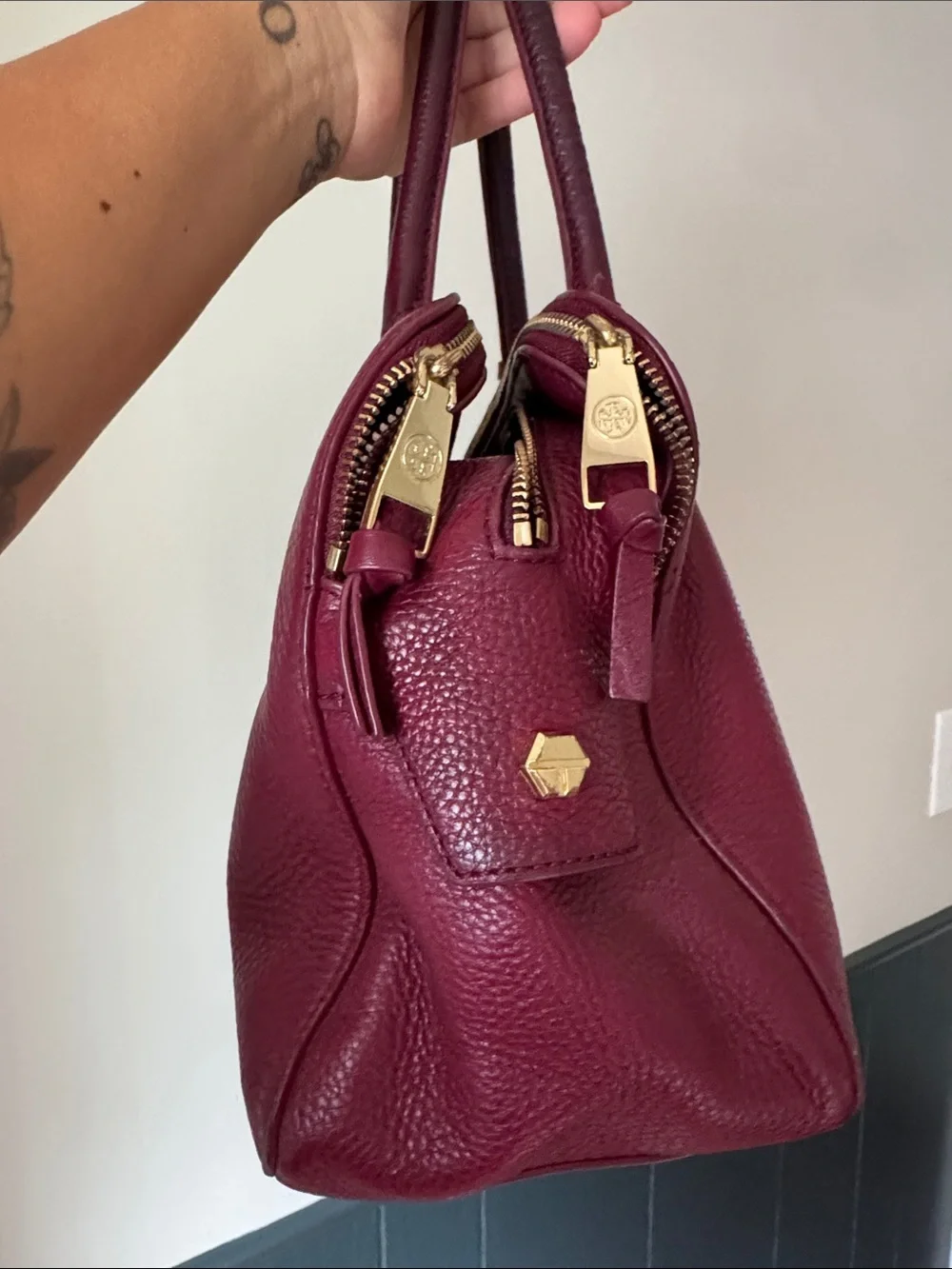 Tory Burch Plum Pebbled Leather Satchel with Tassel